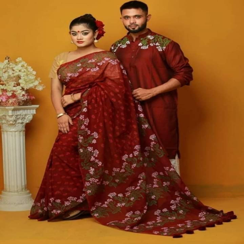 Dhupian Silk Saree with Matching Punjabi Couple Set