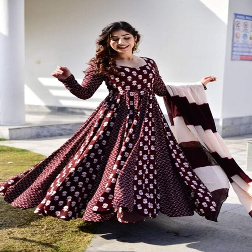 Trendy China Linen Print Long Gown 3-Piece